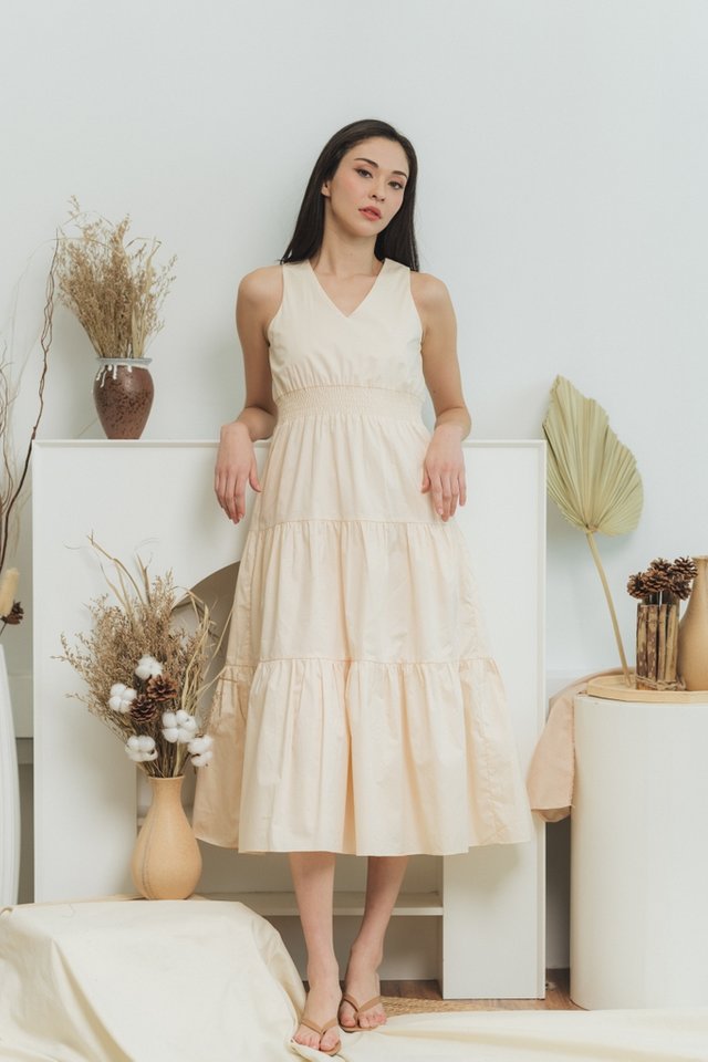 Jovi Smocked Tiered Maxi Dress in Cream