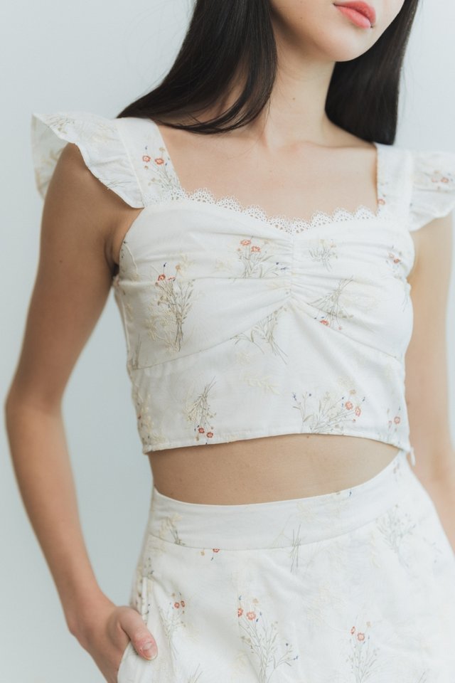 Debbie Ruched Floral Crop Top in White