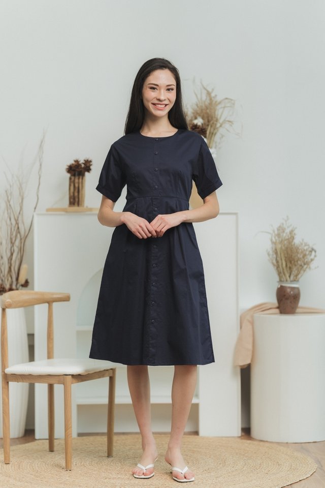 Kamilah Button Midi Dress in Navy