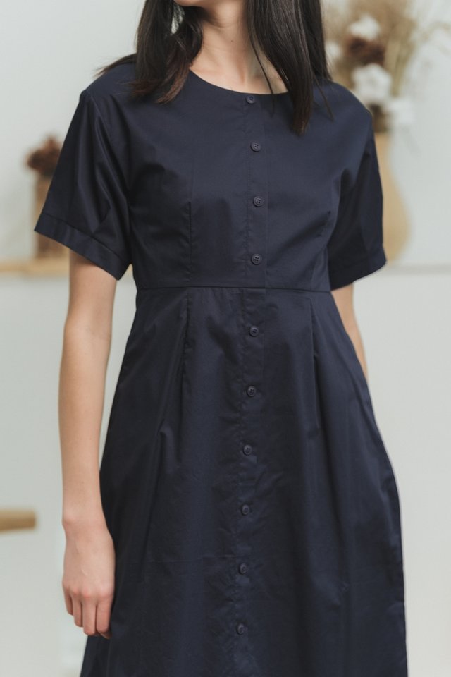 Kamilah Button Midi Dress in Navy