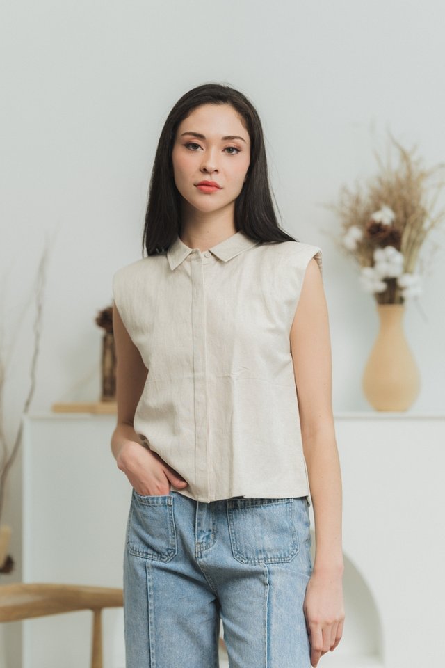 Carissa Padded Shoulder Top in Sand