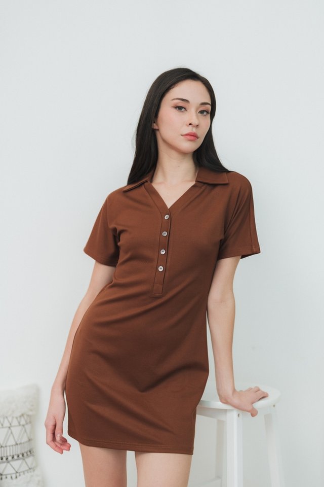 Raquelle Sleeve Cotton Button Dress in Brown