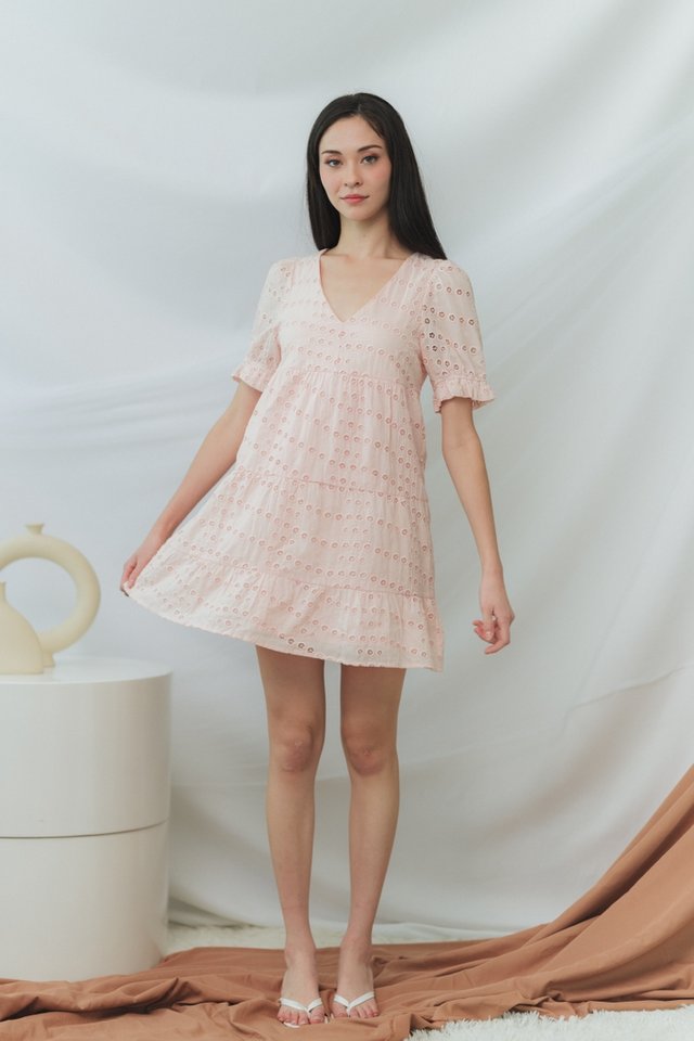 Janessa Eyelet Tiered Dress in Pink