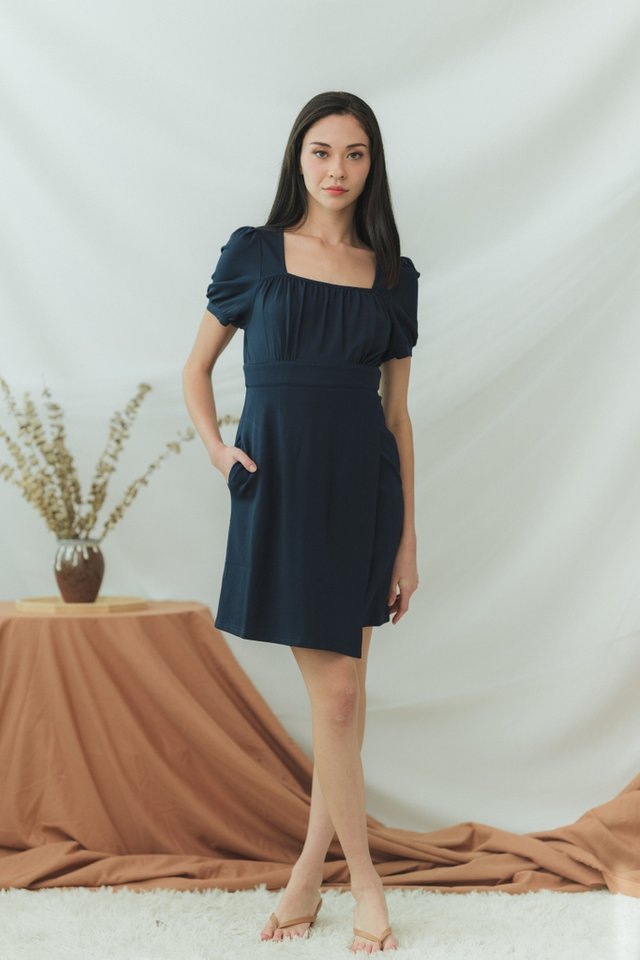 Xylie Cotton Square Neck Overlap Dress in Navy
