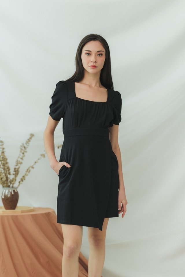 Xylie Cotton Square Neck Overlap Dress in Black