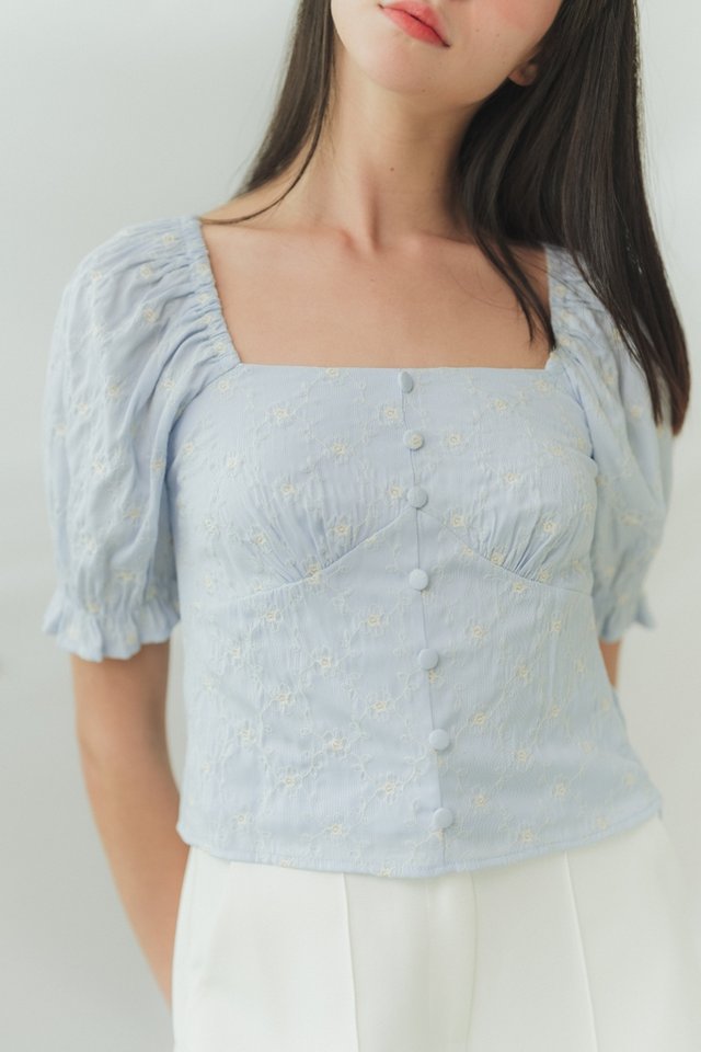 Zooey Broidery Puffy Sleeves Top in Light Blue