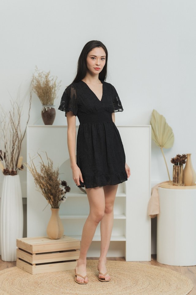 Eimon Textured Smocked Dress in Black