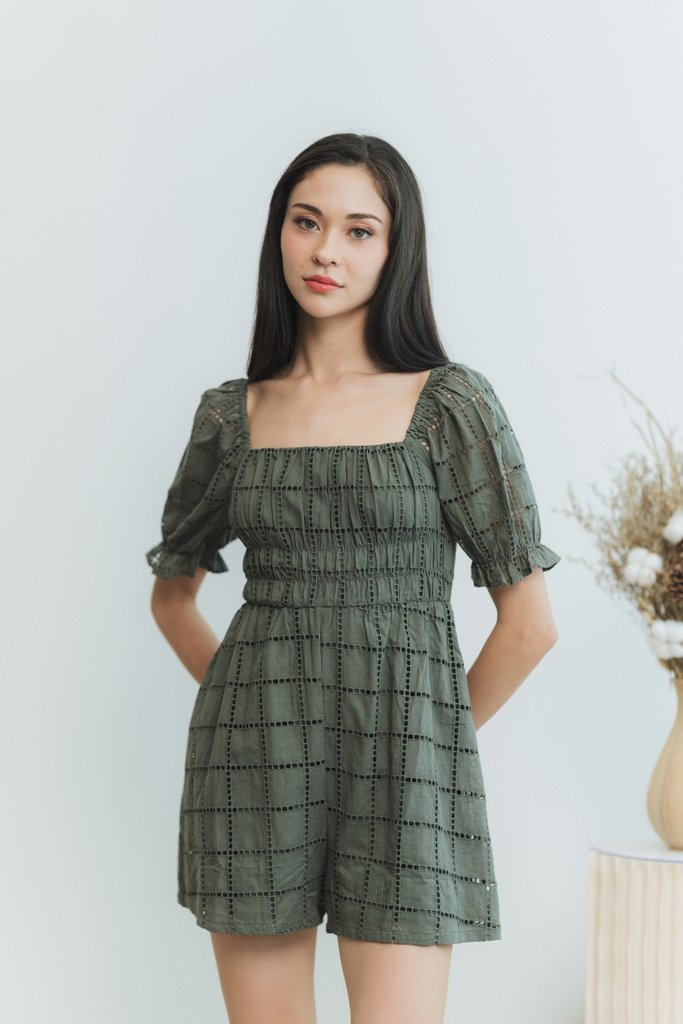 Joyice Eyelet Romper in Olive (XS)
