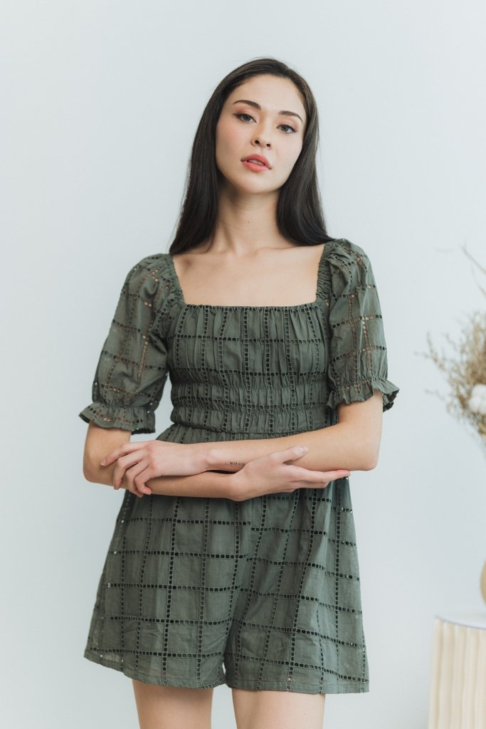 Joyice Eyelet Romper in Olive (XS)
