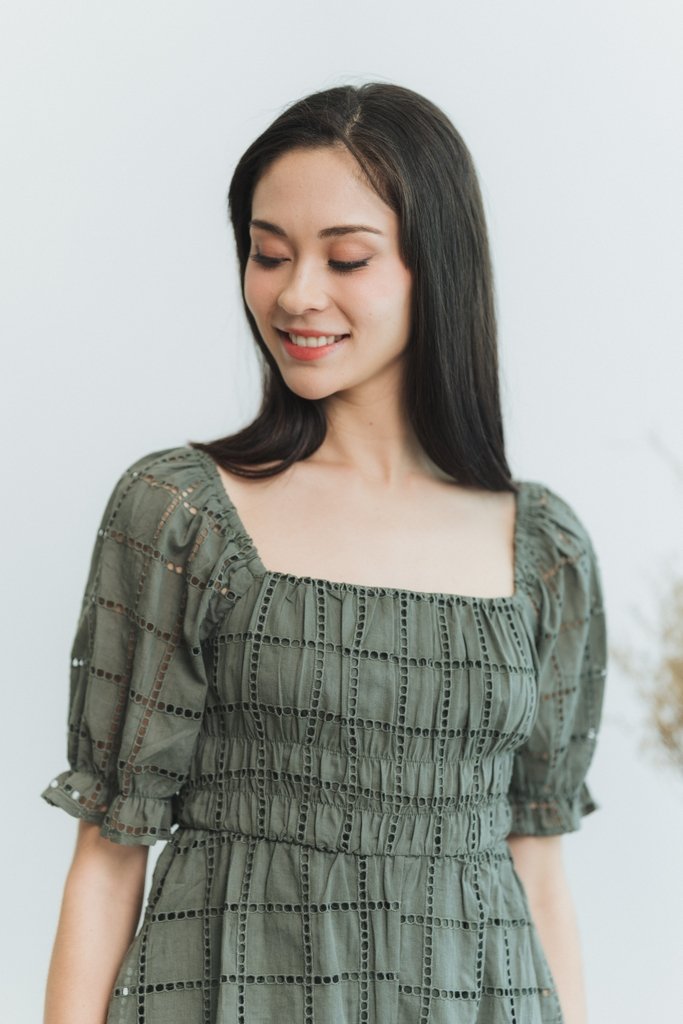 Joyice Eyelet Romper in Olive (XS)