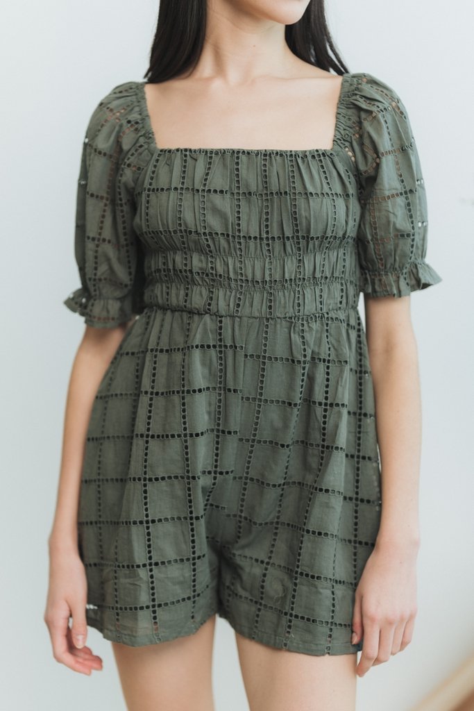 Joyice Eyelet Romper in Olive (XS)