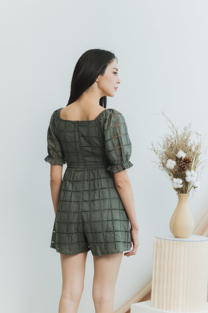 Joyice Eyelet Romper in Olive (XS)