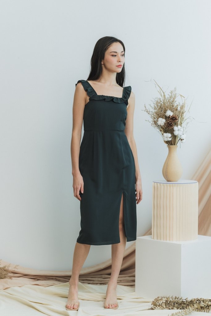 Cashel Ruffles Midi Dress in Forest (XS)