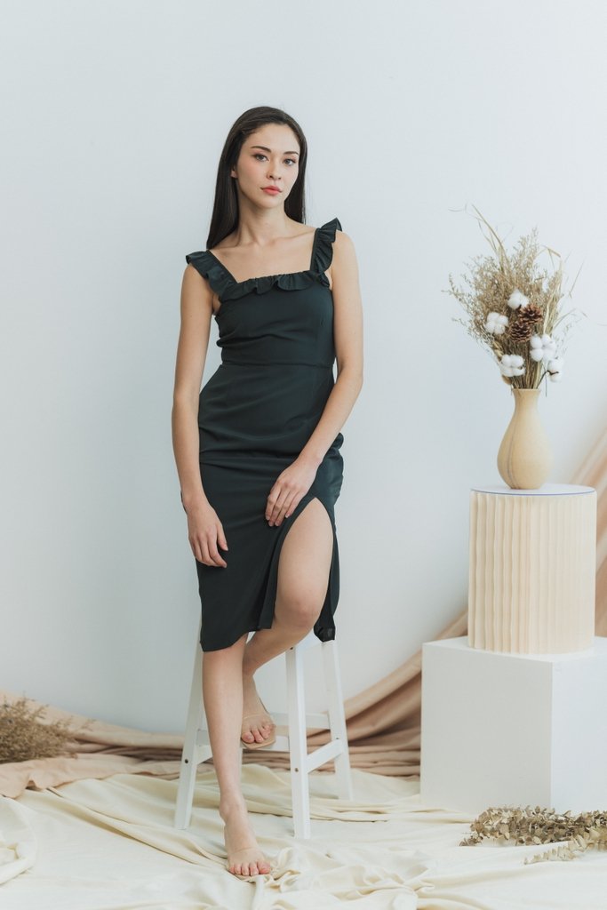 Cashel Ruffles Midi Dress in Forest (XS)