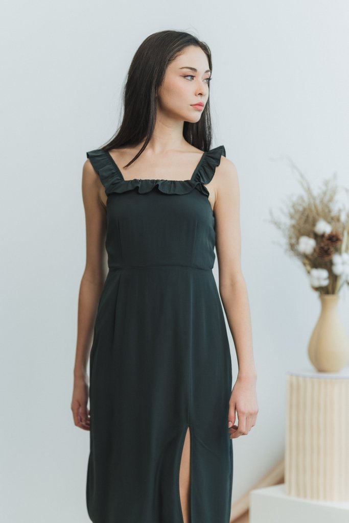 Cashel Ruffles Midi Dress in Forest (XS)