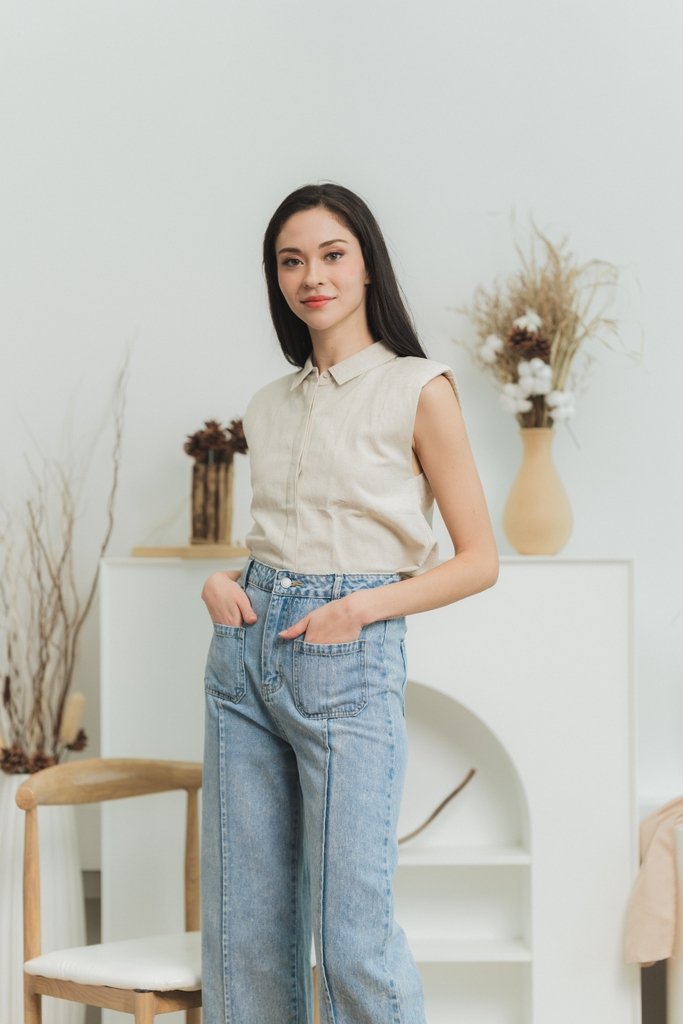 Carissa Padded Shoulder Top in Sand
