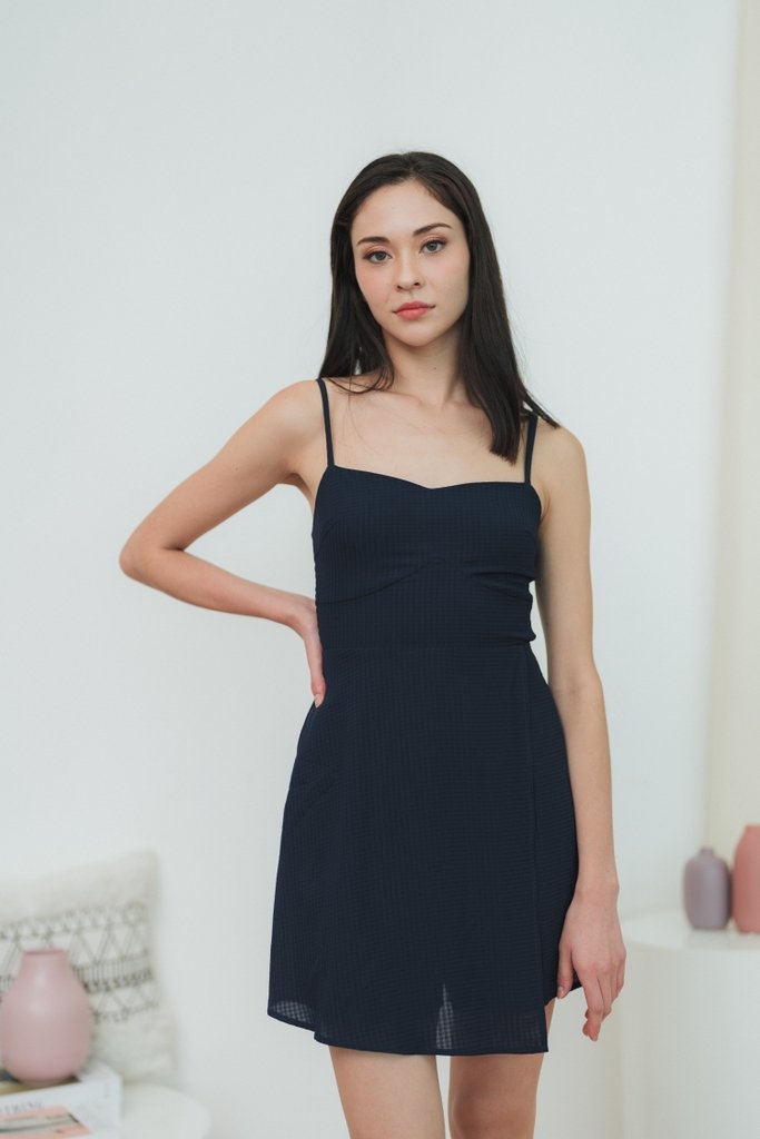 Delancy Cami Textured Dress Romper in Navy (XS)