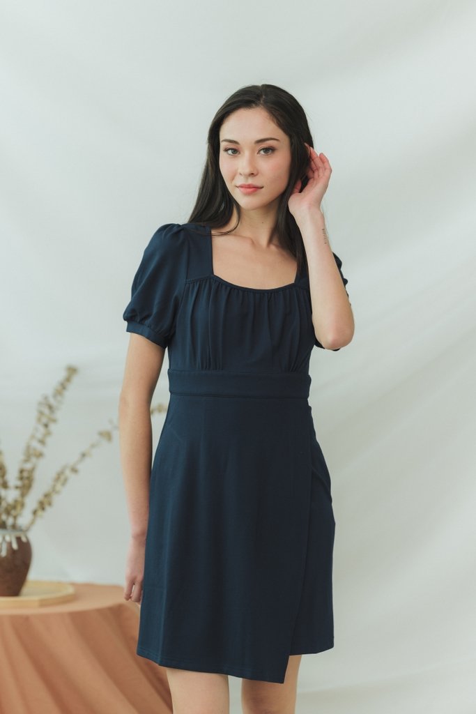 Xylie Cotton Square Neck Overlap Dress in Navy (XS)
