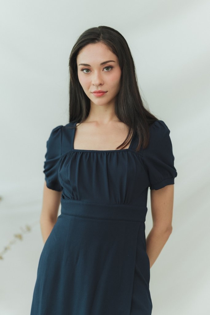 Xylie Cotton Square Neck Overlap Dress in Navy (XS)