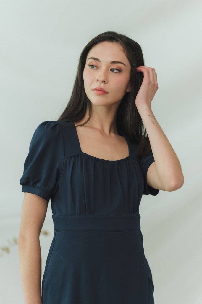 Xylie Cotton Square Neck Overlap Dress in Navy (XS)