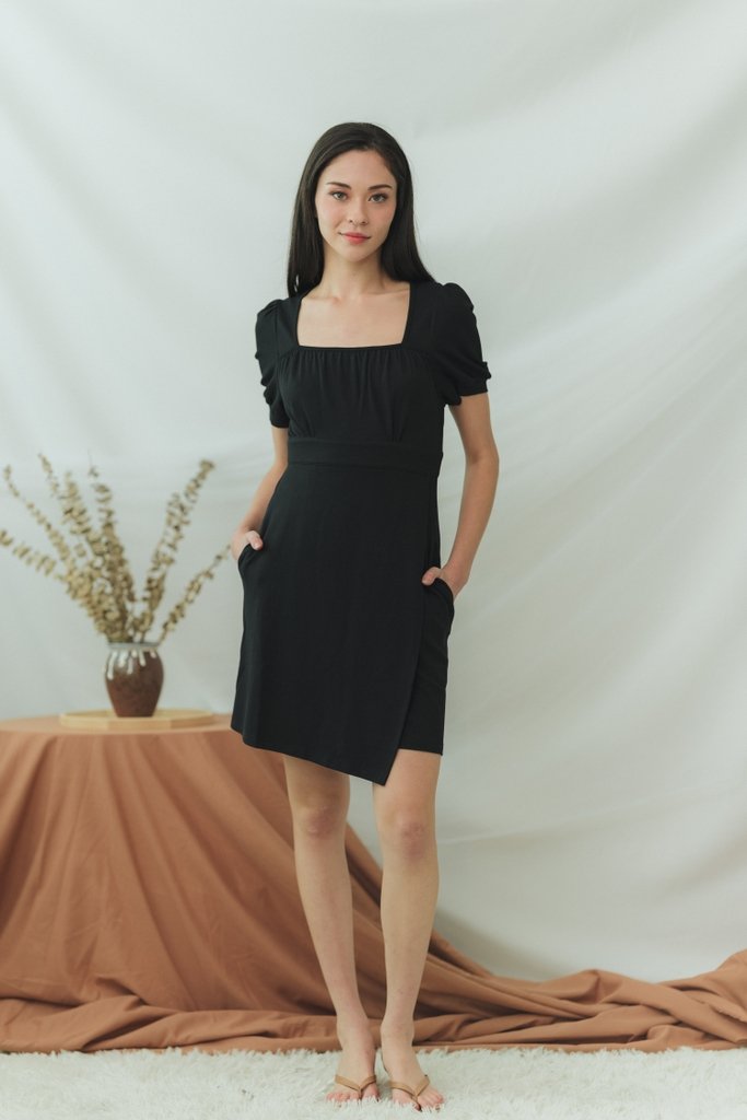 Xylie Cotton Square Neck Overlap Dress in Black (XS)