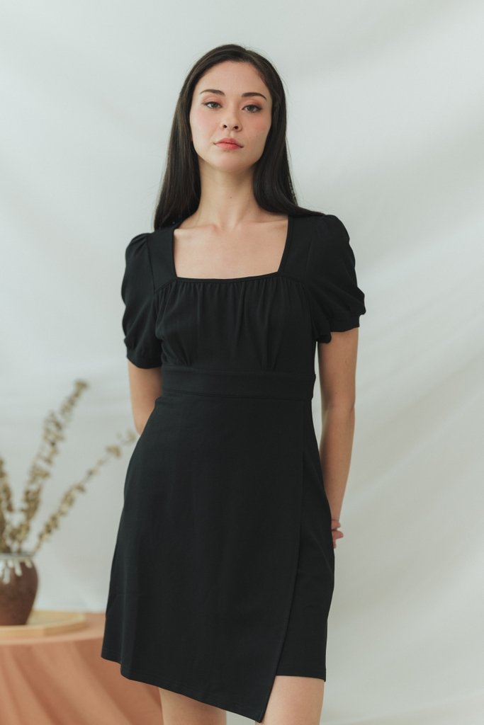 Xylie Cotton Square Neck Overlap Dress in Black (XS)