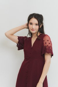Edgar Swiss Dot Mesh Sleeve Dress in Wine (XS)