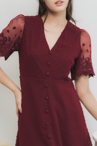 Edgar Swiss Dot Mesh Sleeve Dress in Wine (XS)