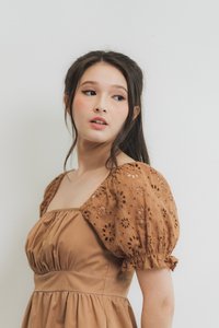 Betty Eyelet Sleeve Dress in Brown