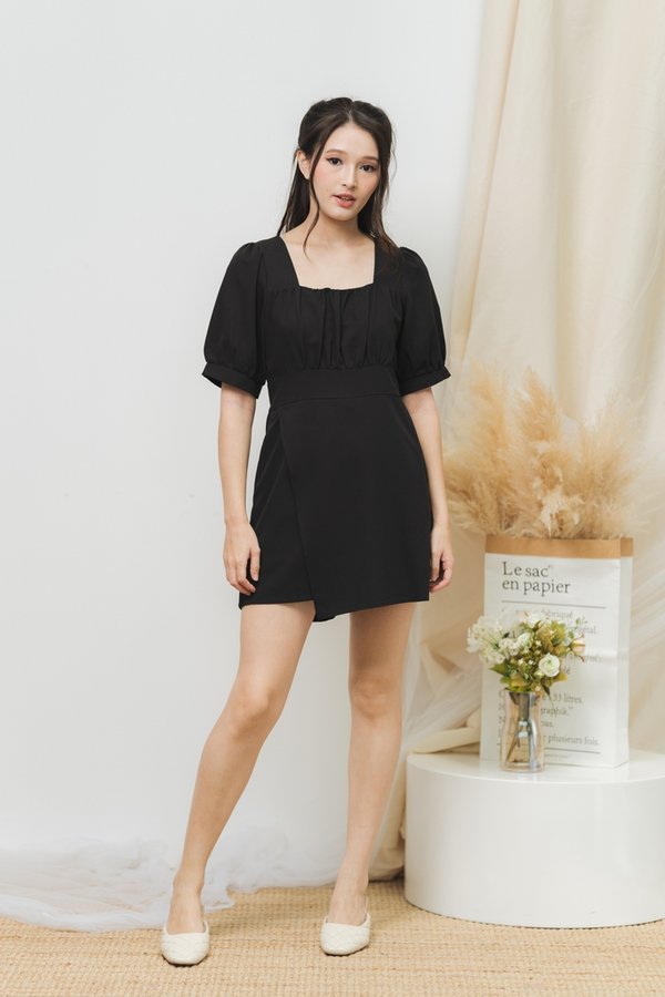 Izzles Ruched Overlap Romper in Black (XS)