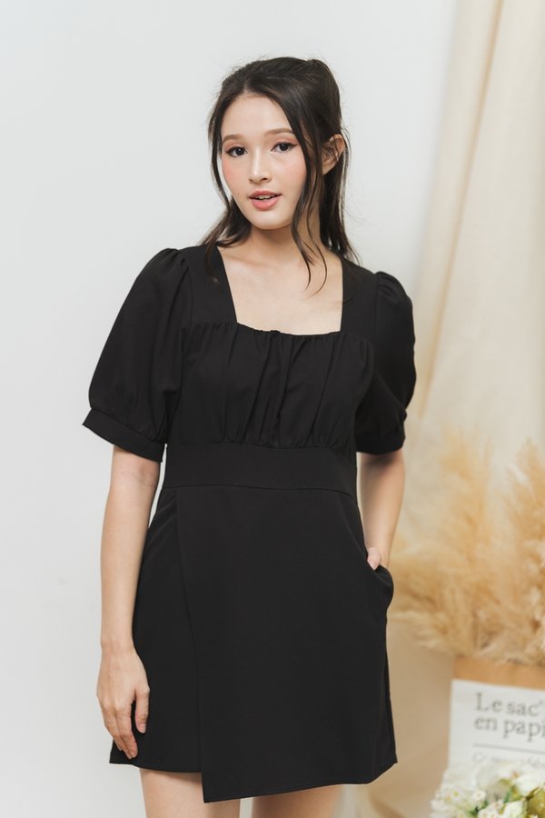 Izzles Ruched Overlap Romper in Black (XS)