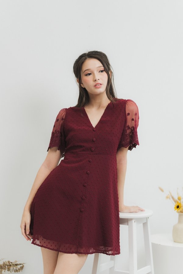 Edgar Swiss Dot Mesh Sleeve Dress in Wine (XS)