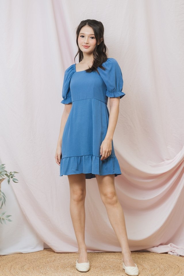 Gretchen Two-Way Ruffle Hem Dress in Blue (XS)