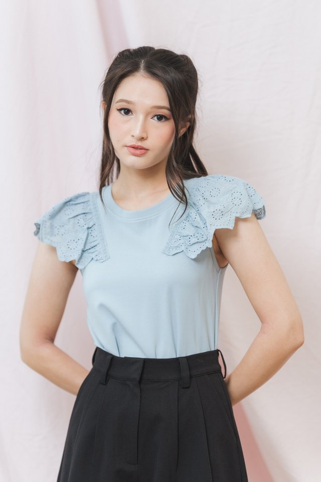 Daley Cotton Eyelet Sleeve Top in Sea Blue