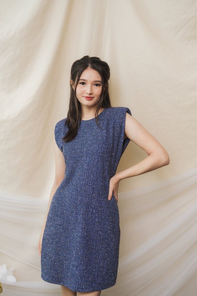 Lainey Tweed Padded Dress in Blue 