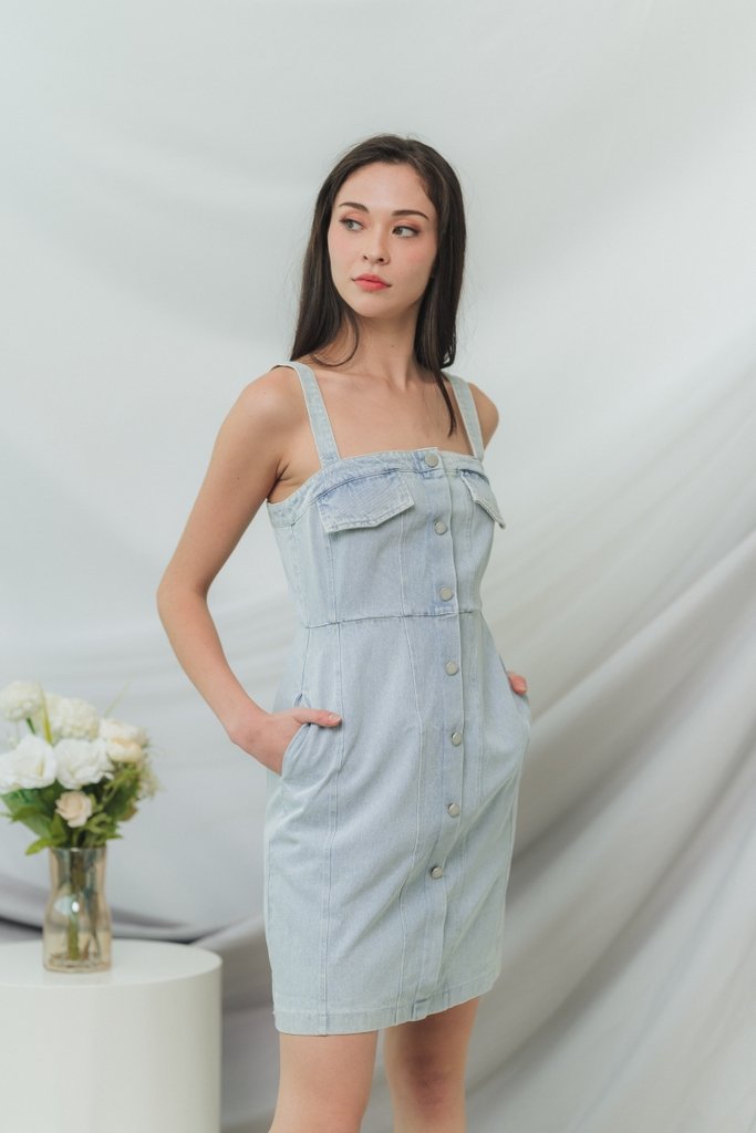 Esta Denim Button Dress in Light Wash (XS)