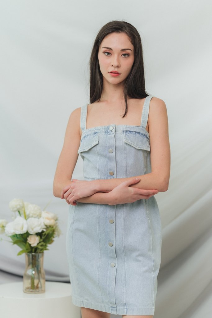 Esta Denim Button Dress in Light Wash (XS)
