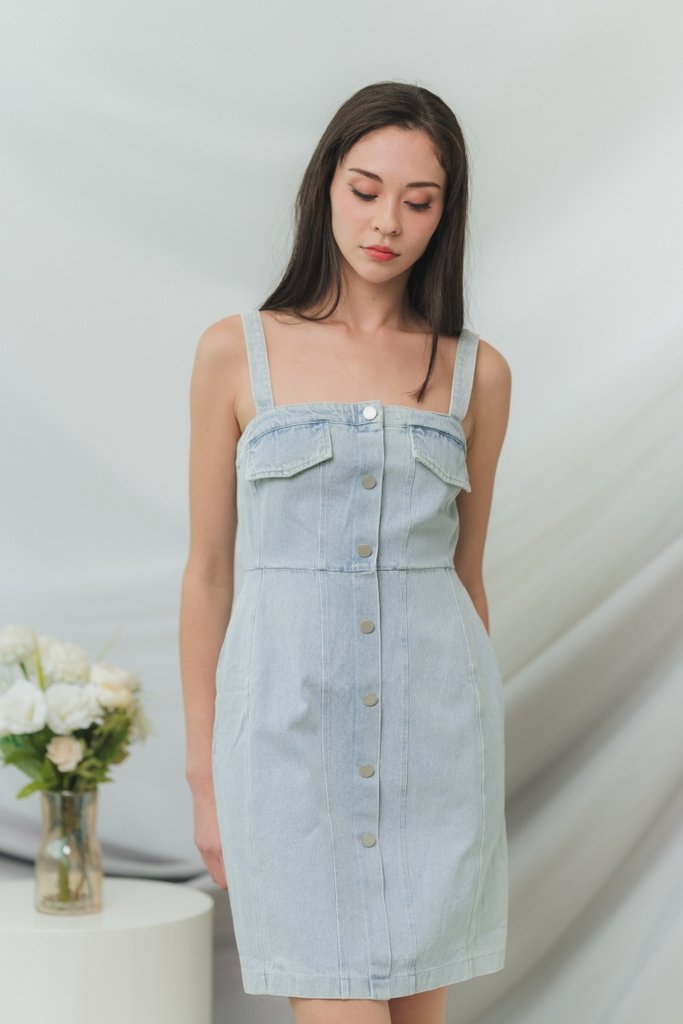 Esta Denim Button Dress in Light Wash (XS)
