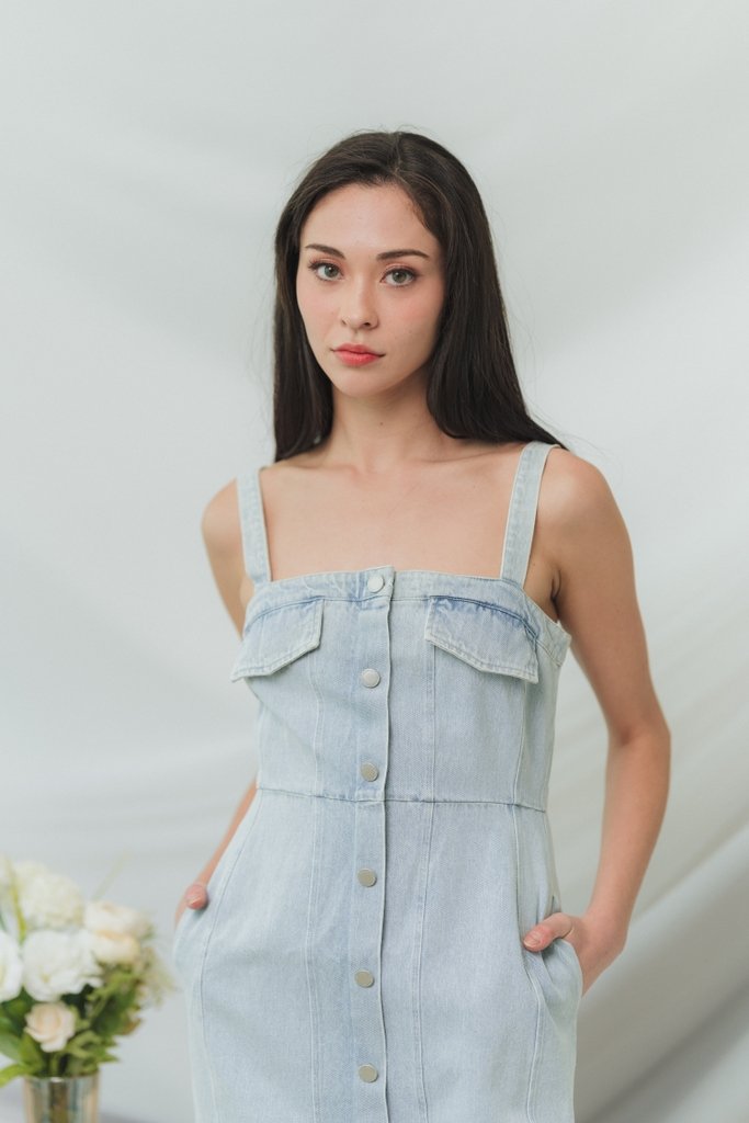 Esta Denim Button Dress in Light Wash (XS)