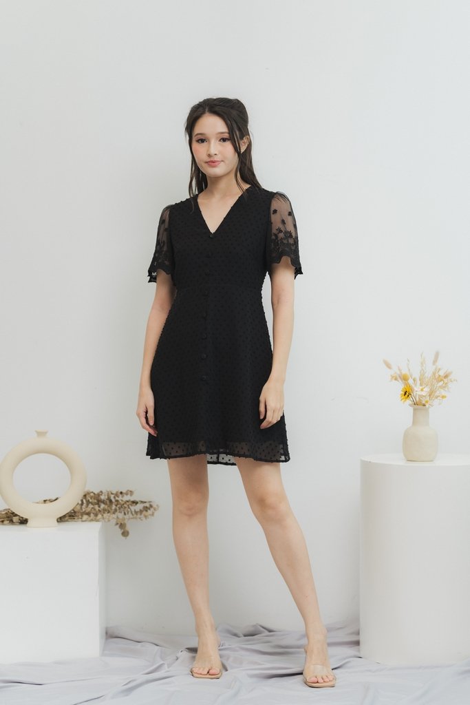 Edgar Swiss Dot Mesh Sleeve Dress in Black (XS)