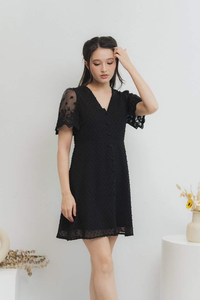 Edgar Swiss Dot Mesh Sleeve Dress in Black (XS)