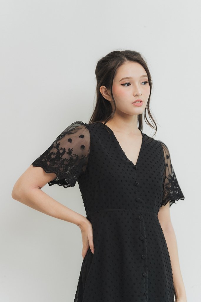 Edgar Swiss Dot Mesh Sleeve Dress in Black (XS)