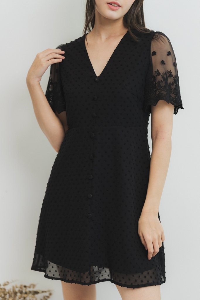 Edgar Swiss Dot Mesh Sleeve Dress in Black (XS)