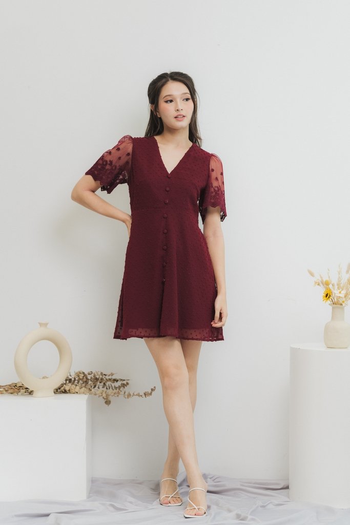 Edgar Swiss Dot Mesh Sleeve Dress in Wine (XS)