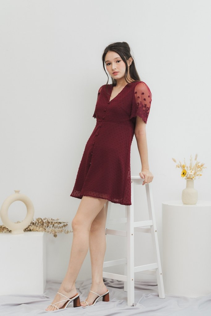 Edgar Swiss Dot Mesh Sleeve Dress in Wine (XS)