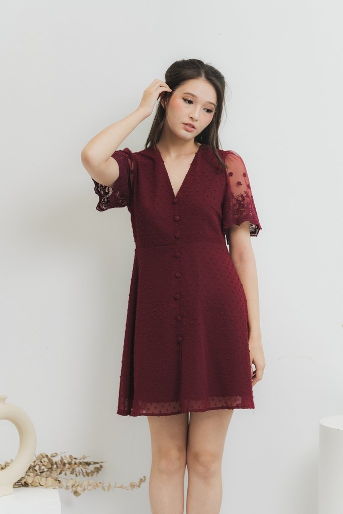 Edgar Swiss Dot Mesh Sleeve Dress in Wine (XS)