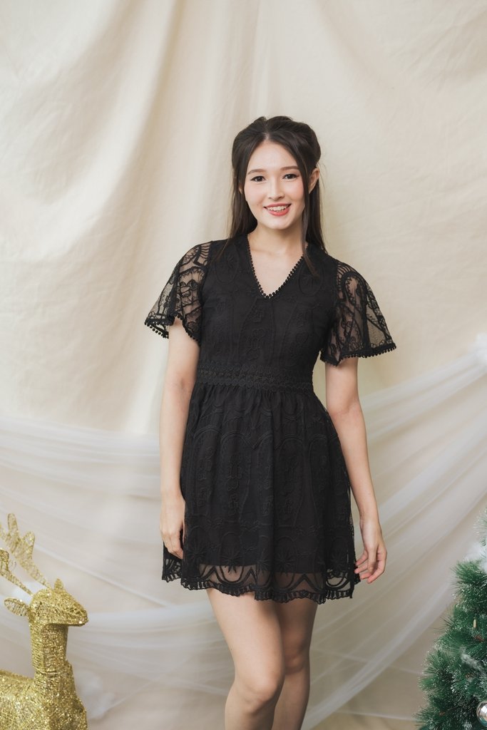Ember Embroidery Mesh Dress Romper in Black (XS)
