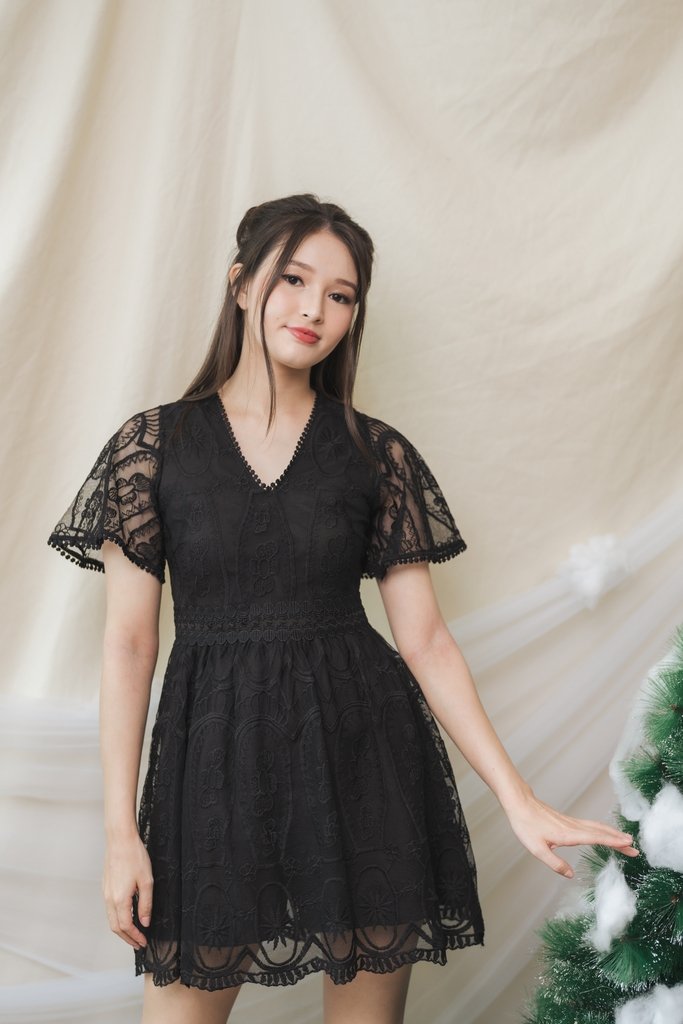 Ember Embroidery Mesh Dress Romper in Black (XS)