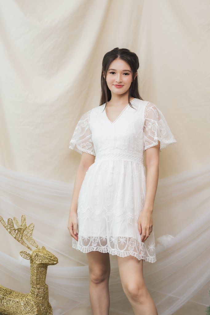 Ember Embroidery Mesh Dress Romper in White (XS)