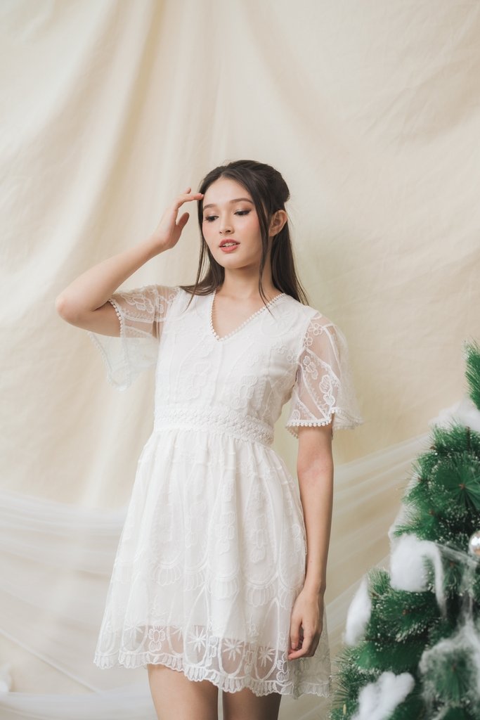 Ember Embroidery Mesh Dress Romper in White (XS)